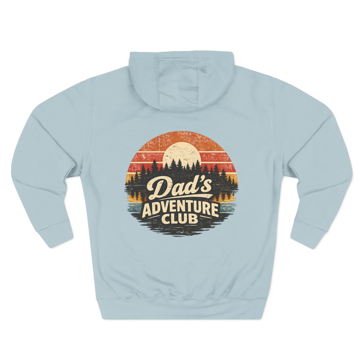 Back view of a light blue personalized hoodie printed with "Dad's Adventure Club" and embroidered with "Christopher". Name is customizable. Special gift for him.