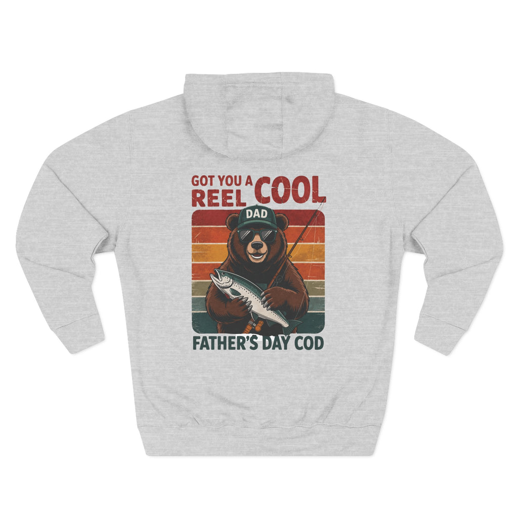 Back view of a light grey personalized hoodie printed with "Got You a Reel Cool Dad" and embroidered with "Liam". Name is customizable. Special gift for him.