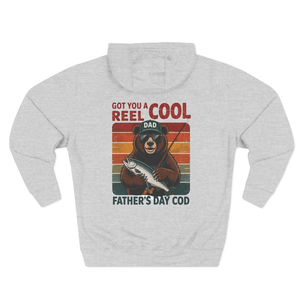 Back view of a light grey personalized hoodie printed with "Got You a Reel Cool Dad" and embroidered with "Liam". Name is customizable. Special gift for him.