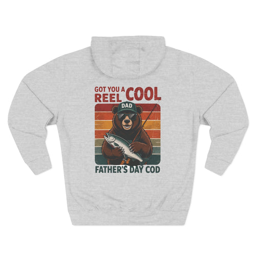 Back view of a light grey personalized hoodie printed with "Got You a Reel Cool Dad" and embroidered with "Liam". Name is customizable. Special gift for him.