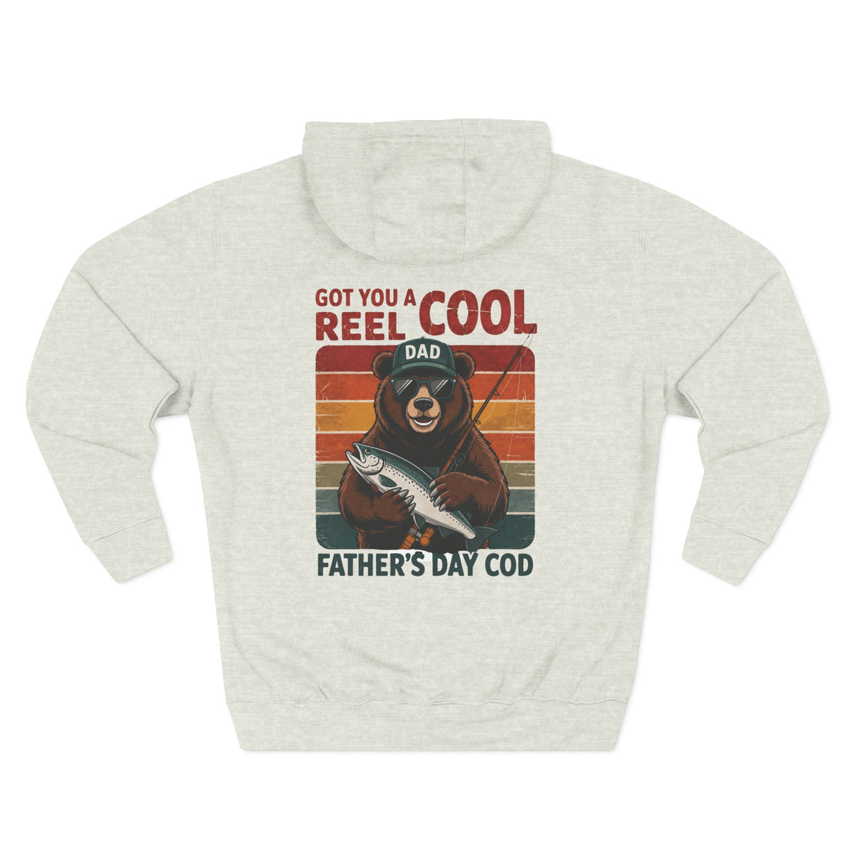 Back view of a oatmeal heather personalized hoodie printed with "Got You a Reel Cool Dad" and embroidered with "Liam". Name is customizable. Special gift for him.