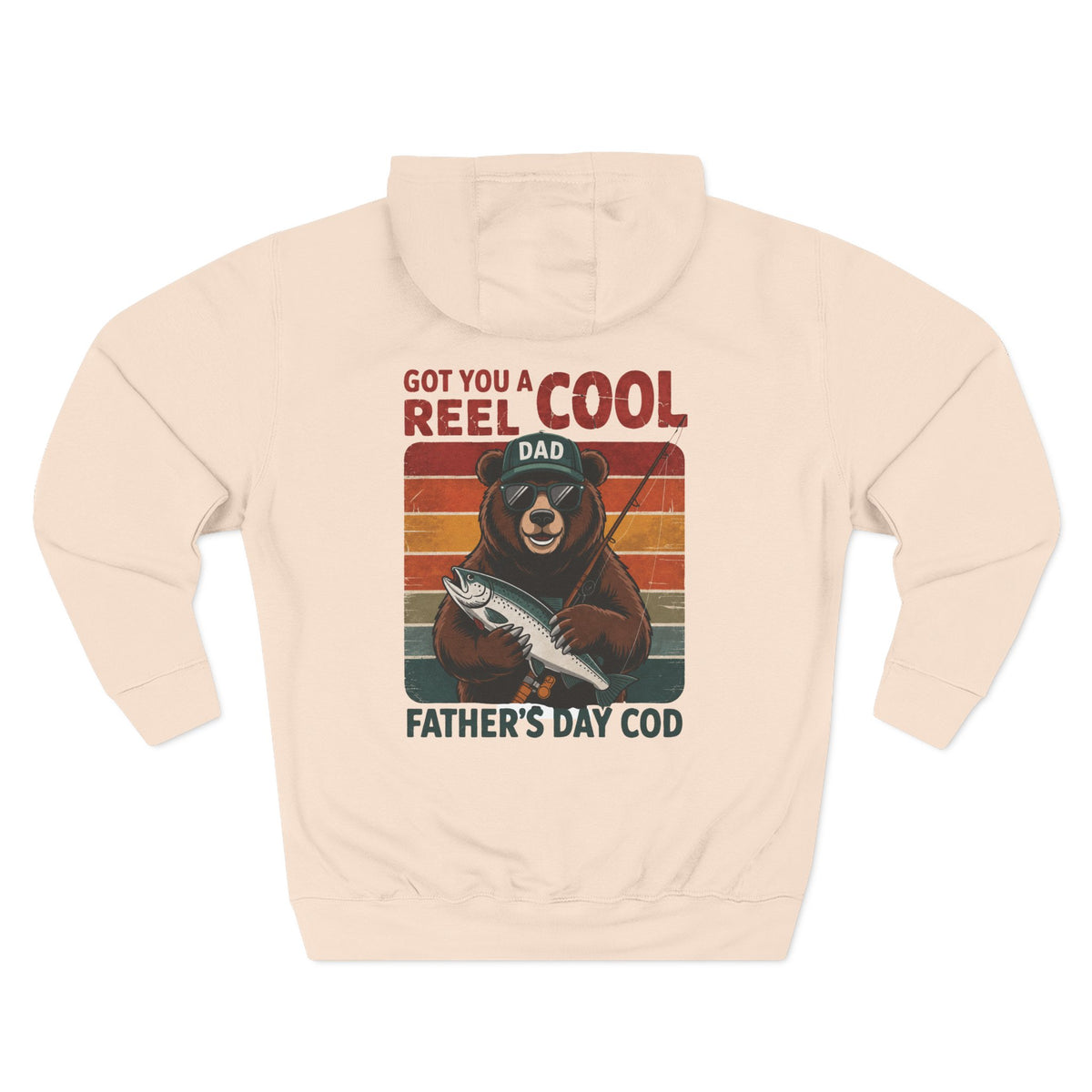Back view of a pale pink personalized hoodie printed with "Got You a Reel Cool Dad" and embroidered with "Liam". Name is customizable. Special gift for him.