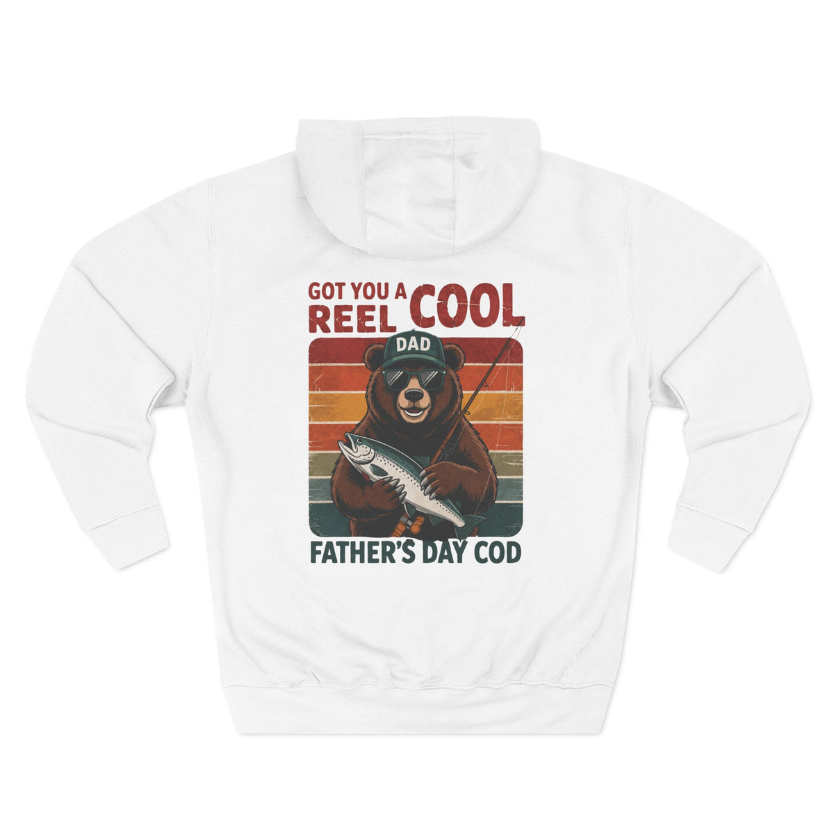 Back view of a white personalized hoodie printed with "Got You a Reel Cool Dad" and embroidered with "Liam". Name is customizable. Special gift for him.