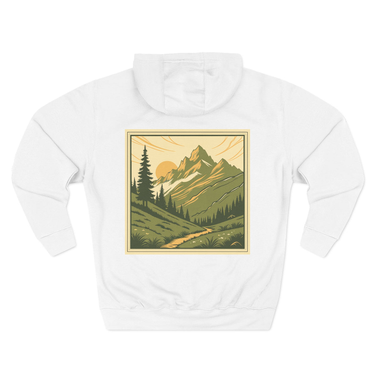 Back view of a white personalizable hoodie. The front has a small black name on the chest is personalizable, and the back features a large square graphic print of a mountain landscape in muted green, yellow, and brown tones. Special gift for him, dad, grandpa, boyfriend etc.