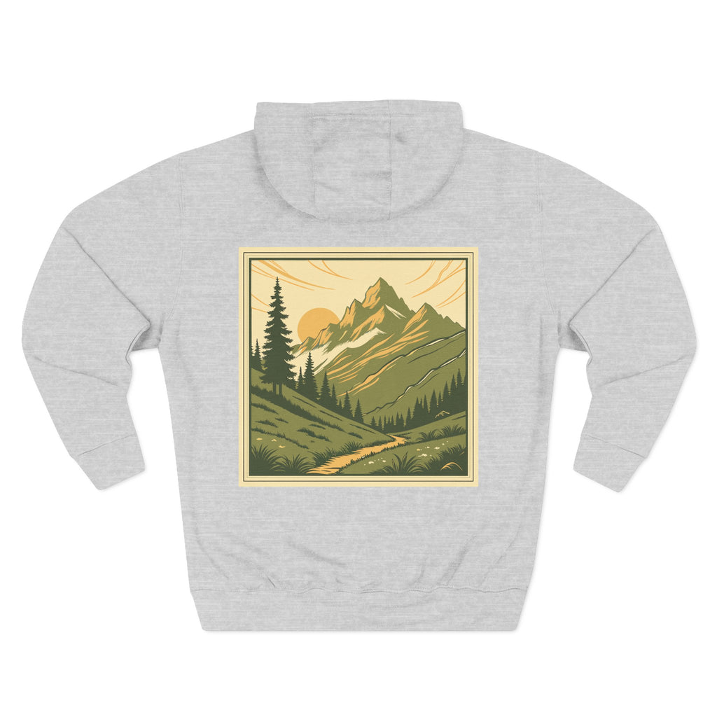 Back view of a light grey personalizable hoodie. The front has a small black name on the chest is personalizable, and the back features a large square graphic print of a mountain landscape in muted green, yellow, and brown tones. Special gift for him, dad, grandpa, boyfriend etc.