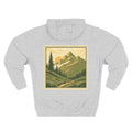 Back view of a light grey personalizable hoodie. The front has a small black name on the chest is personalizable, and the back features a large square graphic print of a mountain landscape in muted green, yellow, and brown tones. Special gift for him, dad, grandpa, boyfriend etc.
