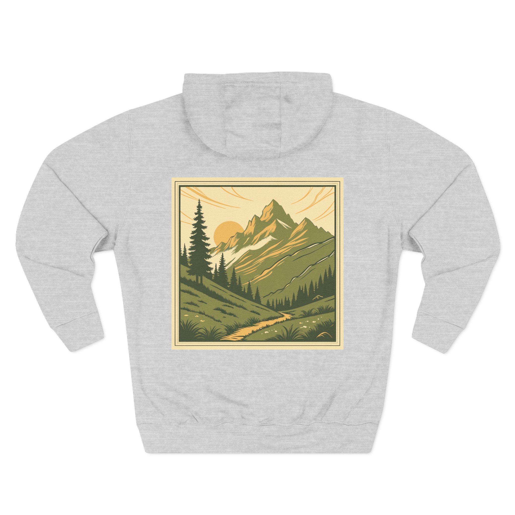 Back view of a light grey personalizable hoodie. The front has a small black name on the chest is personalizable, and the back features a large square graphic print of a mountain landscape in muted green, yellow, and brown tones. Special gift for him, dad, grandpa, boyfriend etc.
