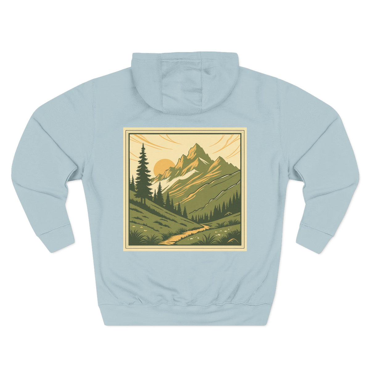 Back view of a blue mist personalizable hoodie. The front has a small black name on the chest is personalizable, and the back features a large square graphic print of a mountain landscape in muted green, yellow, and brown tones. Special gift for him, dad, grandpa, boyfriend etc.