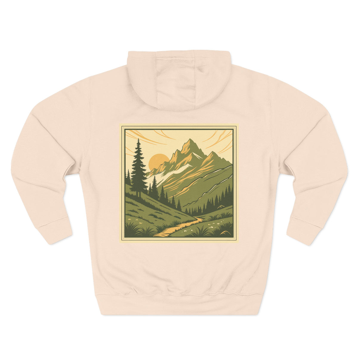 Back view of a pale pink personalizable hoodie. The front has a small black name on the chest is personalizable, and the back features a large square graphic print of a mountain landscape in muted green, yellow, and brown tones. Special gift for him, dad, grandpa, boyfriend etc.
