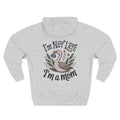 A light heather gray pullover hoodie shown from the back, featuring a graphic print of a mother goose with the text 'I'm Not Late I'm a mom' in a stylized font. Back view of the personalized hoodie printed with "I'm Not Late, I'm a Mom" and embroidered with "Abigail" for mom. Heather grey