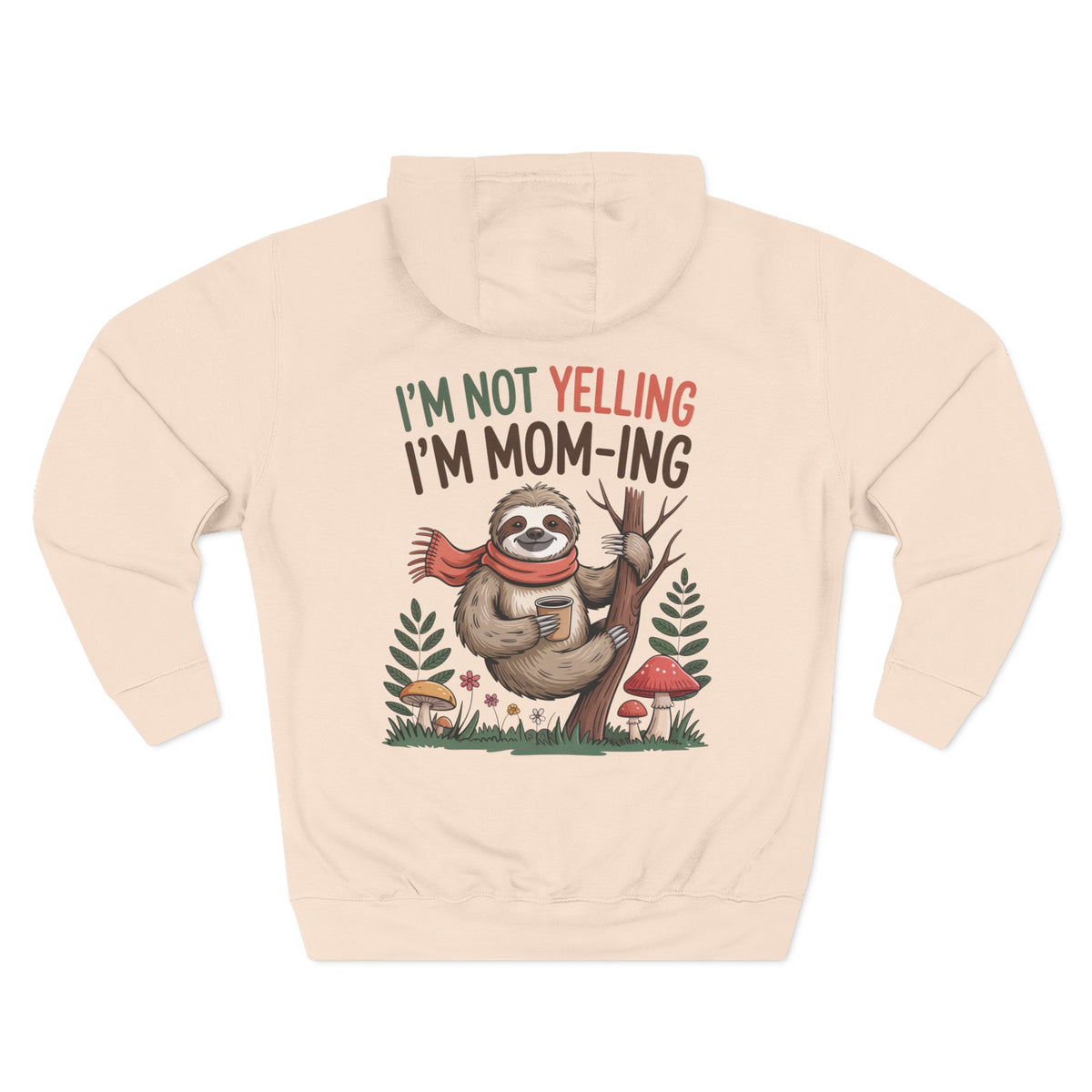 Back view of the personalized hoodie printed with "I'm Not Yelling, I'm Mom-ing" and embroidered with "Charlotte" for mom. pale pink