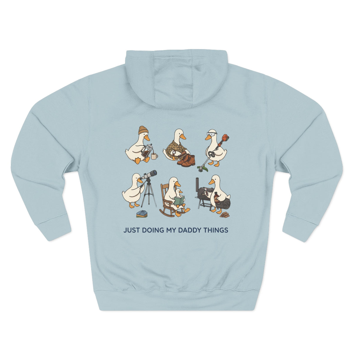 Back view of a personalized(name) hoodie printed with "Just Doing My Daddy Things" and embroidered with "Christopher". Special gift for him.