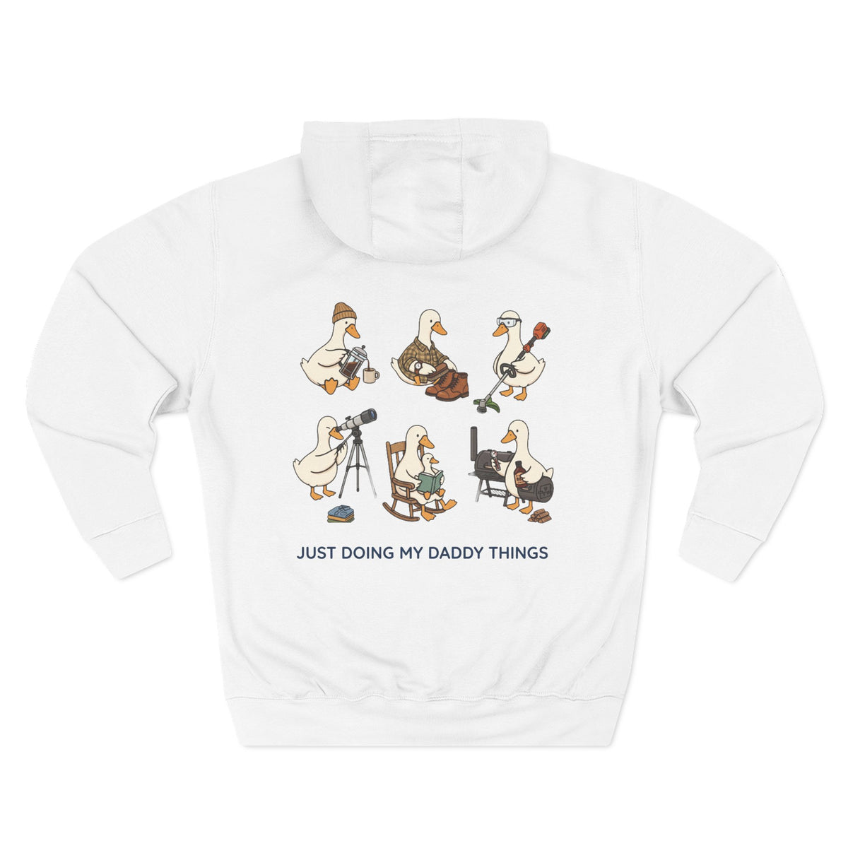 Back view of a white personalized(name) hoodie printed with "Just Doing My Daddy Things" and embroidered with "Christopher". Special gift for him.