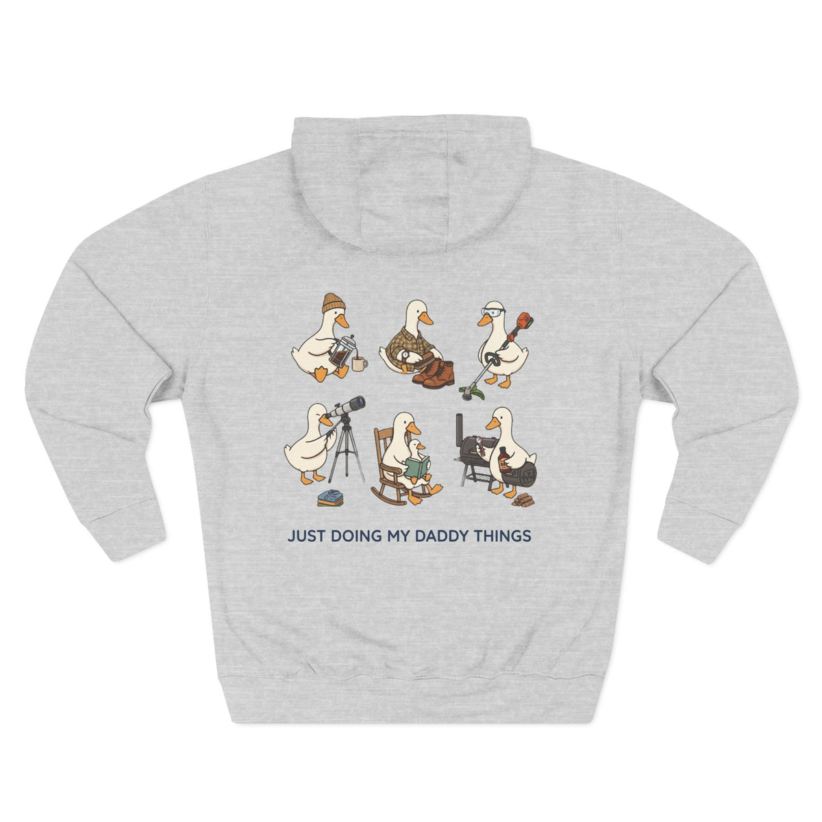 Back view of a light grey personalized(name) hoodie printed with "Just Doing My Daddy Things" and embroidered with "Christopher". Special gift for him.