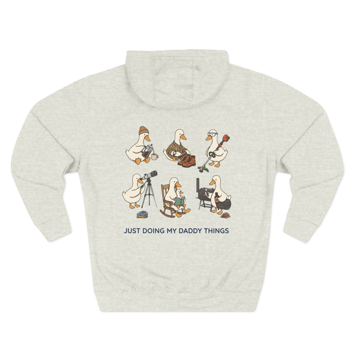 Back view of a oatmeal heather personalized(name) hoodie printed with "Just Doing My Daddy Things" and embroidered with "Christopher". Special gift for him.