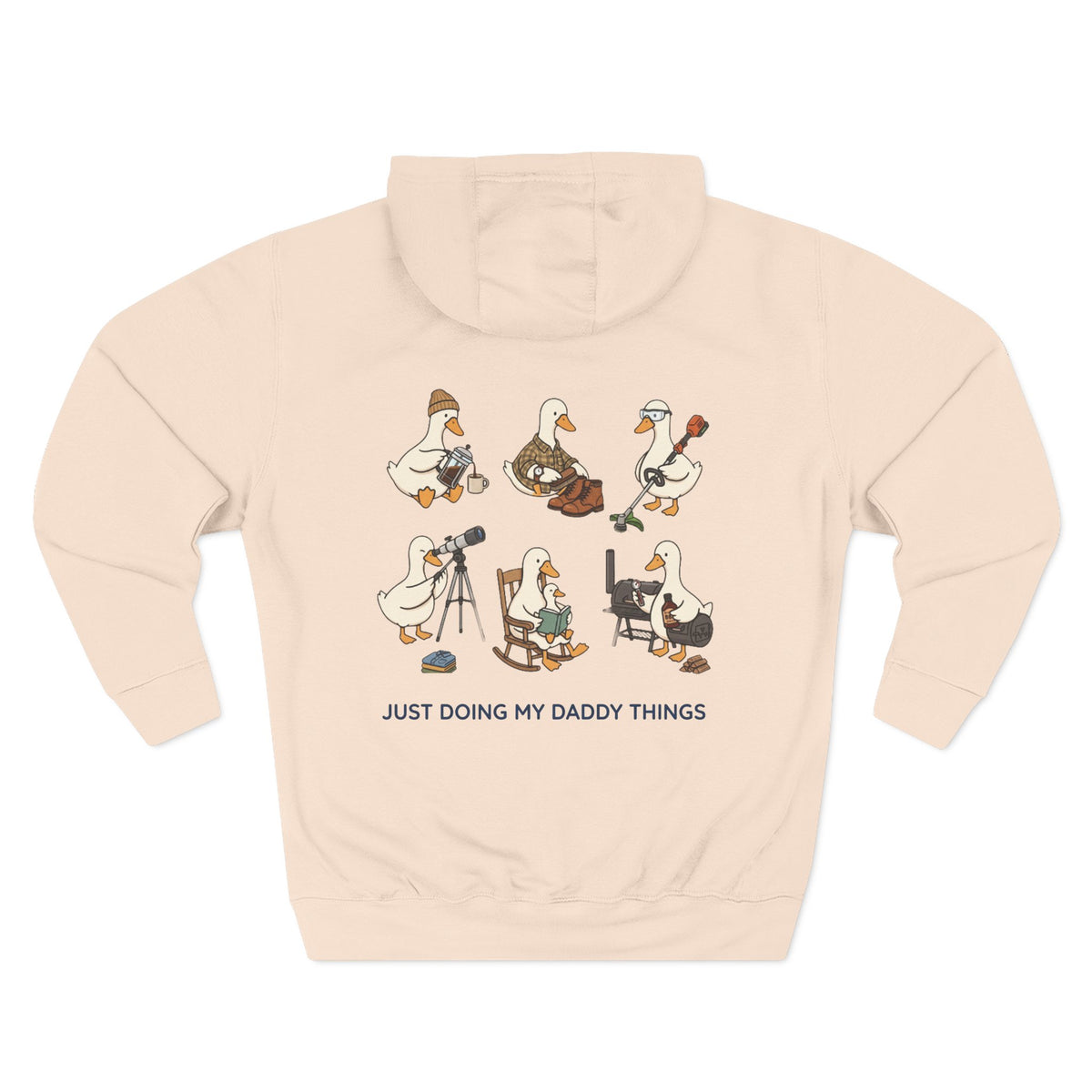 Back view of a pale pink personalized(name) hoodie printed with "Just Doing My Daddy Things" and embroidered with "Christopher". Special gift for him.