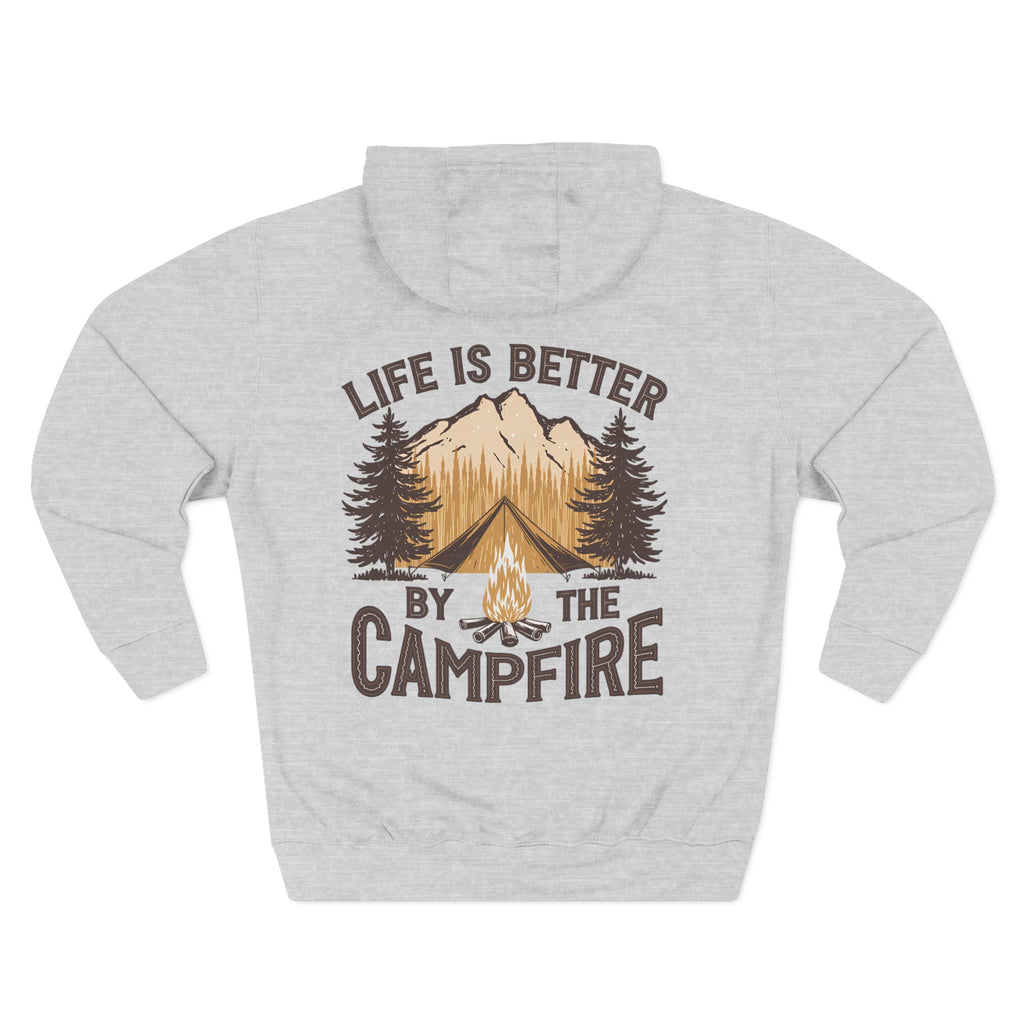 Back view of a personalizable hoodie printed with "Life Is Better by the Campfire" and embroidered with "Cameron". For him, dad, granddad, boyfriend.