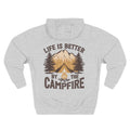 Back view of a personalizable hoodie printed with "Life Is Better by the Campfire" and embroidered with "Cameron". For him, dad, granddad, boyfriend.