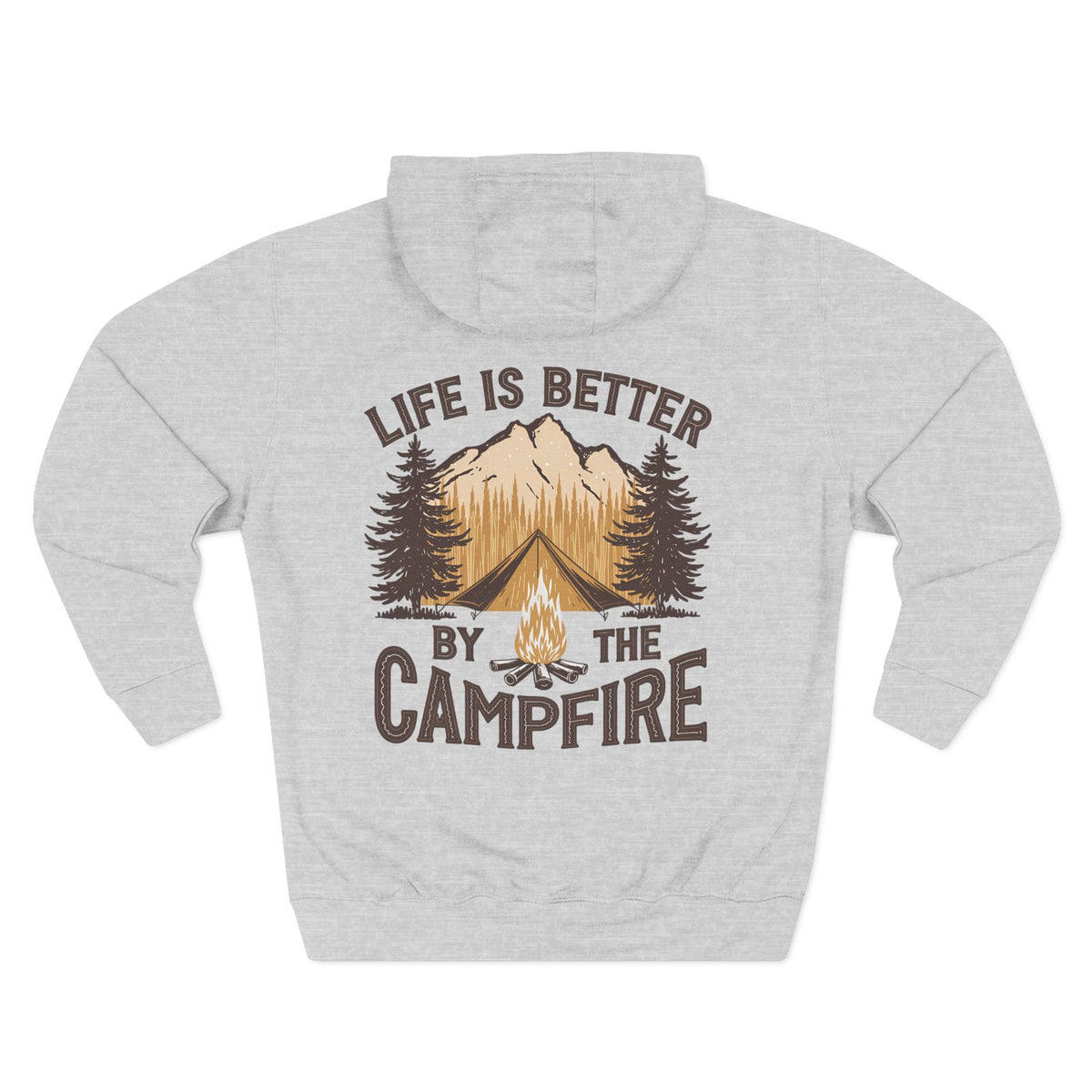 Back view of a personalizable hoodie printed with "Life Is Better by the Campfire" and embroidered with "Cameron". For him, dad, granddad, boyfriend.