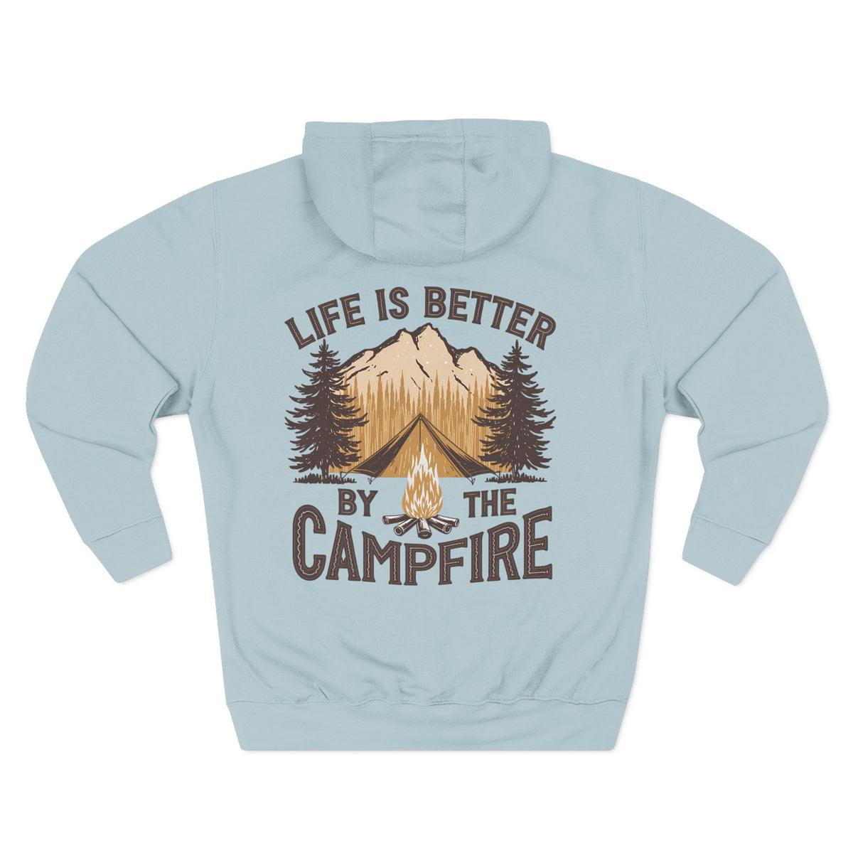 Back view of a blue mist personalizable hoodie printed with "Life Is Better by the Campfire" and embroidered with "Cameron". For him, dad, granddad, boyfriend.