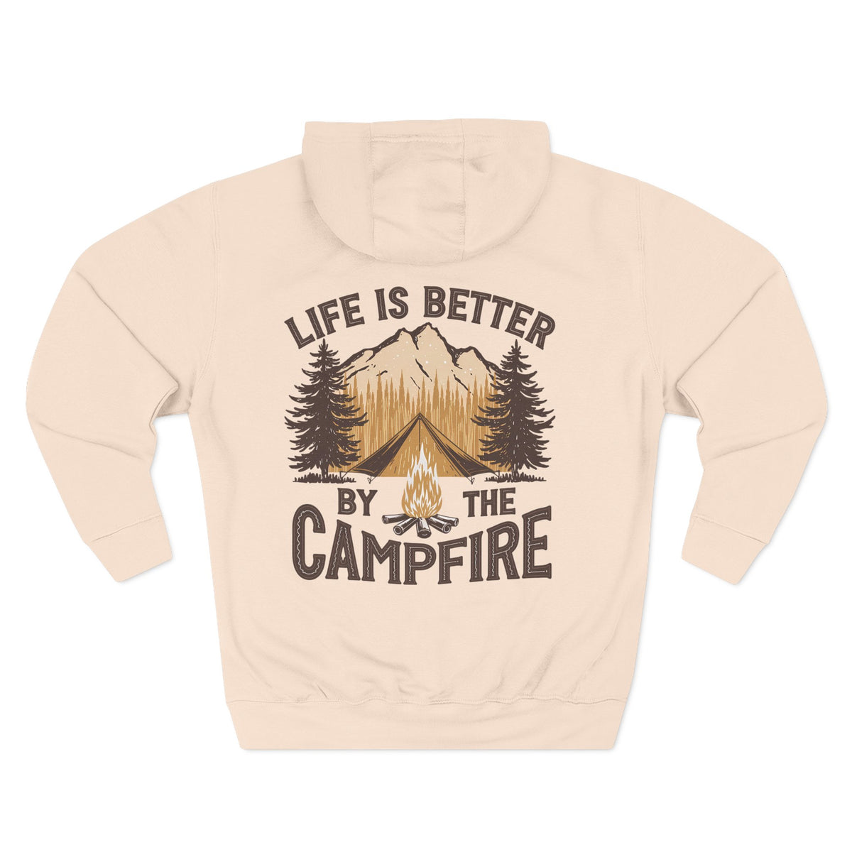 Back view of a pink pale personalizable hoodie printed with "Life Is Better by the Campfire" and embroidered with "Cameron". For him, dad, granddad, boyfriend.