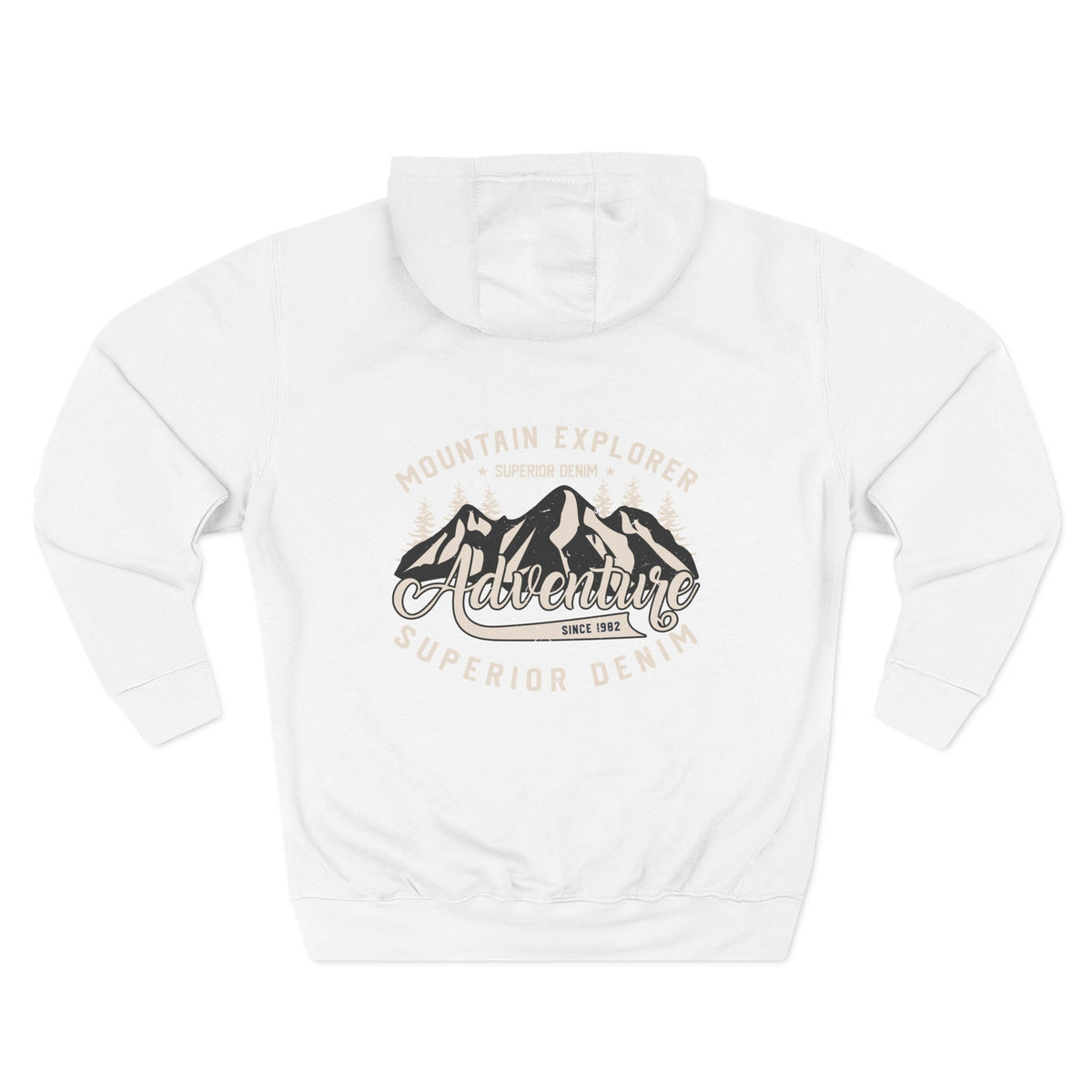 Back view of a white personalized hoodie printed with "Mountain Explorer – Superior Denim, Since 1982" and embroidered with "Christopher". Name is customizable. Special gift for him.