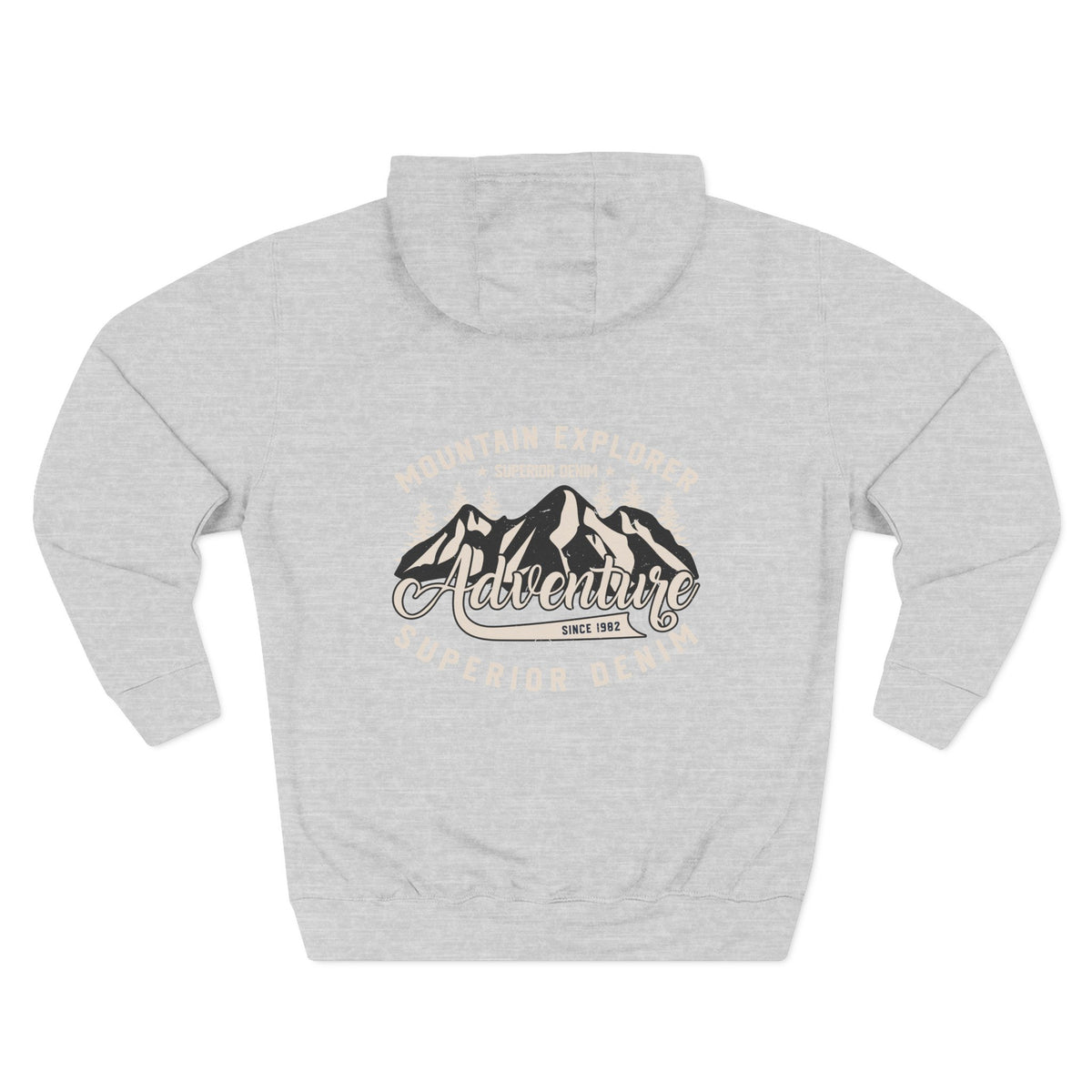 Back view of a light grey personalized hoodie printed with "Mountain Explorer – Superior Denim, Since 1982" and embroidered with "Christopher". Name is customizable. Special gift for him.
