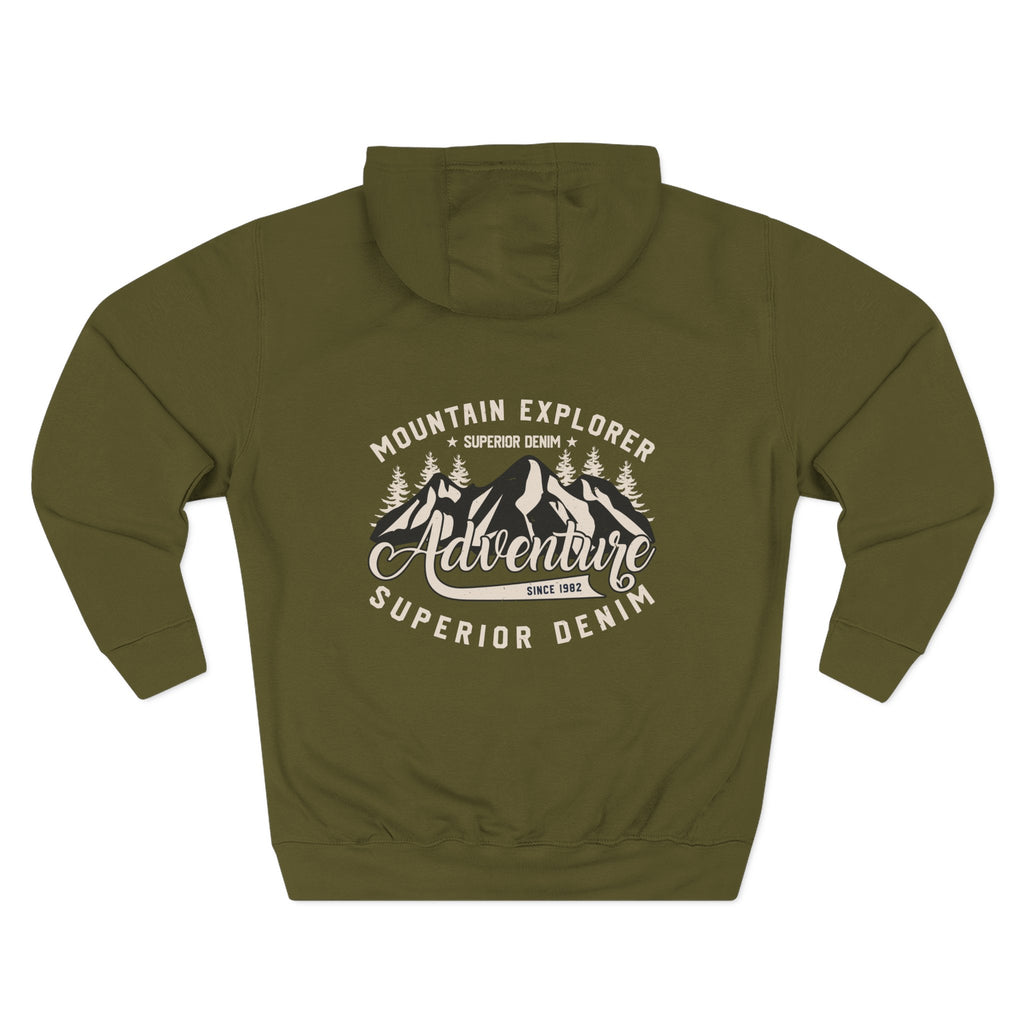 Back view of a green personalized hoodie printed with "Mountain Explorer – Superior Denim, Since 1982" and embroidered with "Christopher". Name is customizable. Special gift for him.