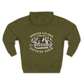 Back view of a green personalized hoodie printed with "Mountain Explorer – Superior Denim, Since 1982" and embroidered with "Christopher". Name is customizable. Special gift for him.