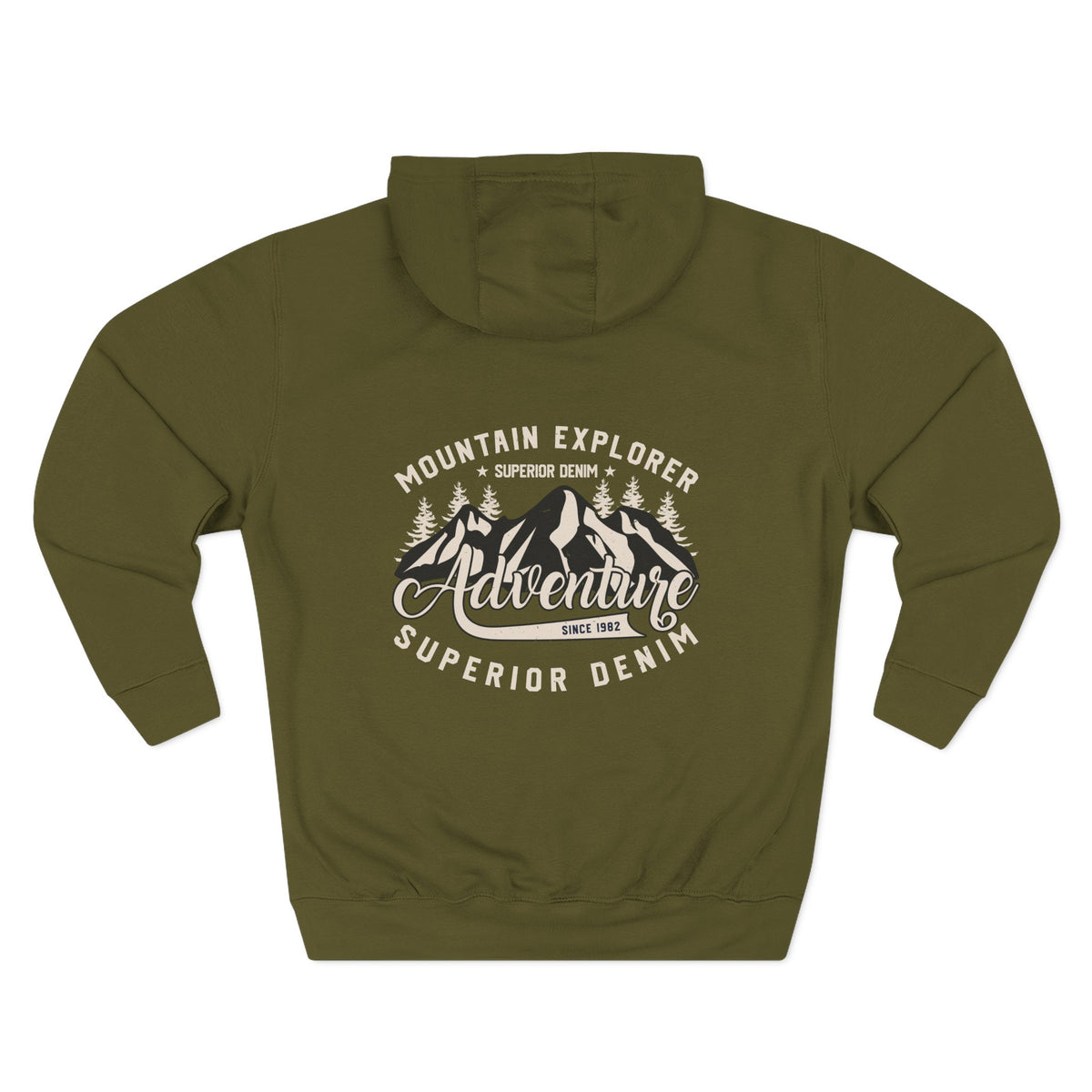 Back view of a green personalized hoodie printed with "Mountain Explorer – Superior Denim, Since 1982" and embroidered with "Christopher". Name is customizable. Special gift for him.
