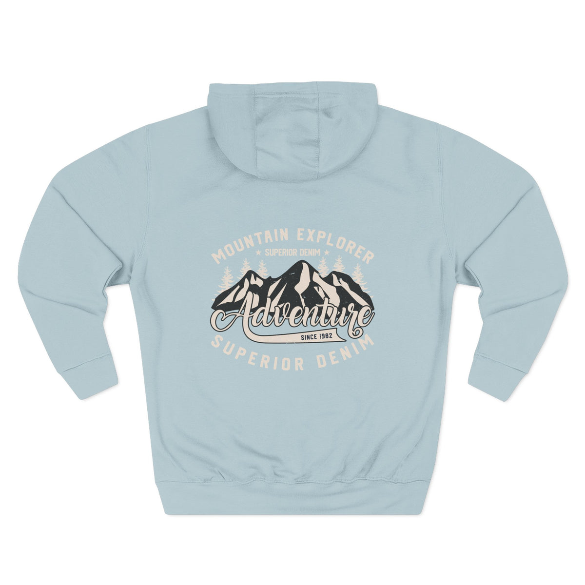 Back view of a light blue personalized hoodie printed with "Mountain Explorer – Superior Denim, Since 1982" and embroidered with "Christopher". Name is customizable. Special gift for him.