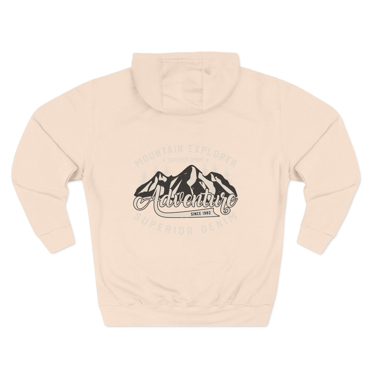 Back view of a pale pink personalized hoodie printed with "Mountain Explorer – Superior Denim, Since 1982" and embroidered with "Christopher". Name is customizable. Special gift for him.
