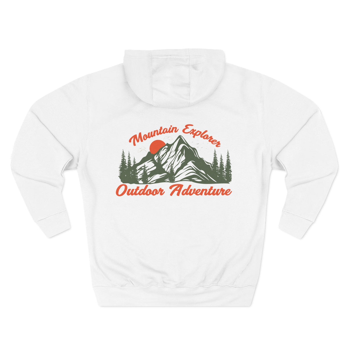 Back view of a white personalizable hoodie printed with "Mountain Explorer – Outdoor Adventure" and embroidered with "Christiano". Special gift for him,dad,granddad,boyfriend.