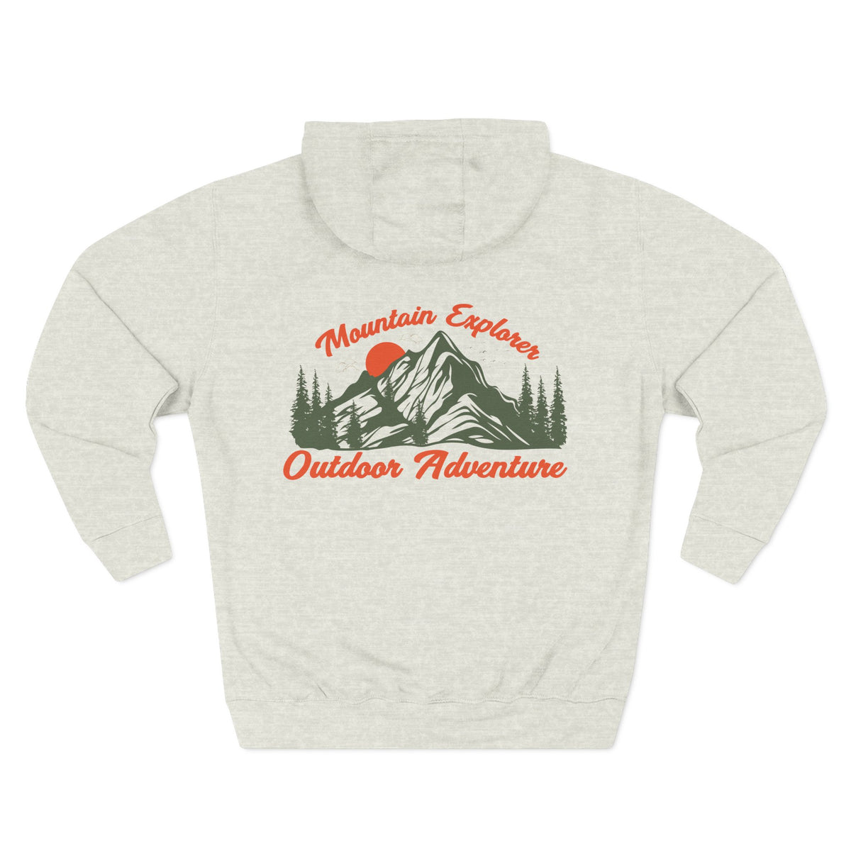 Back view of a oatmeal heather personalizable hoodie printed with "Mountain Explorer – Outdoor Adventure" and embroidered with "Christiano". Special gift for him,dad,granddad,boyfriend.