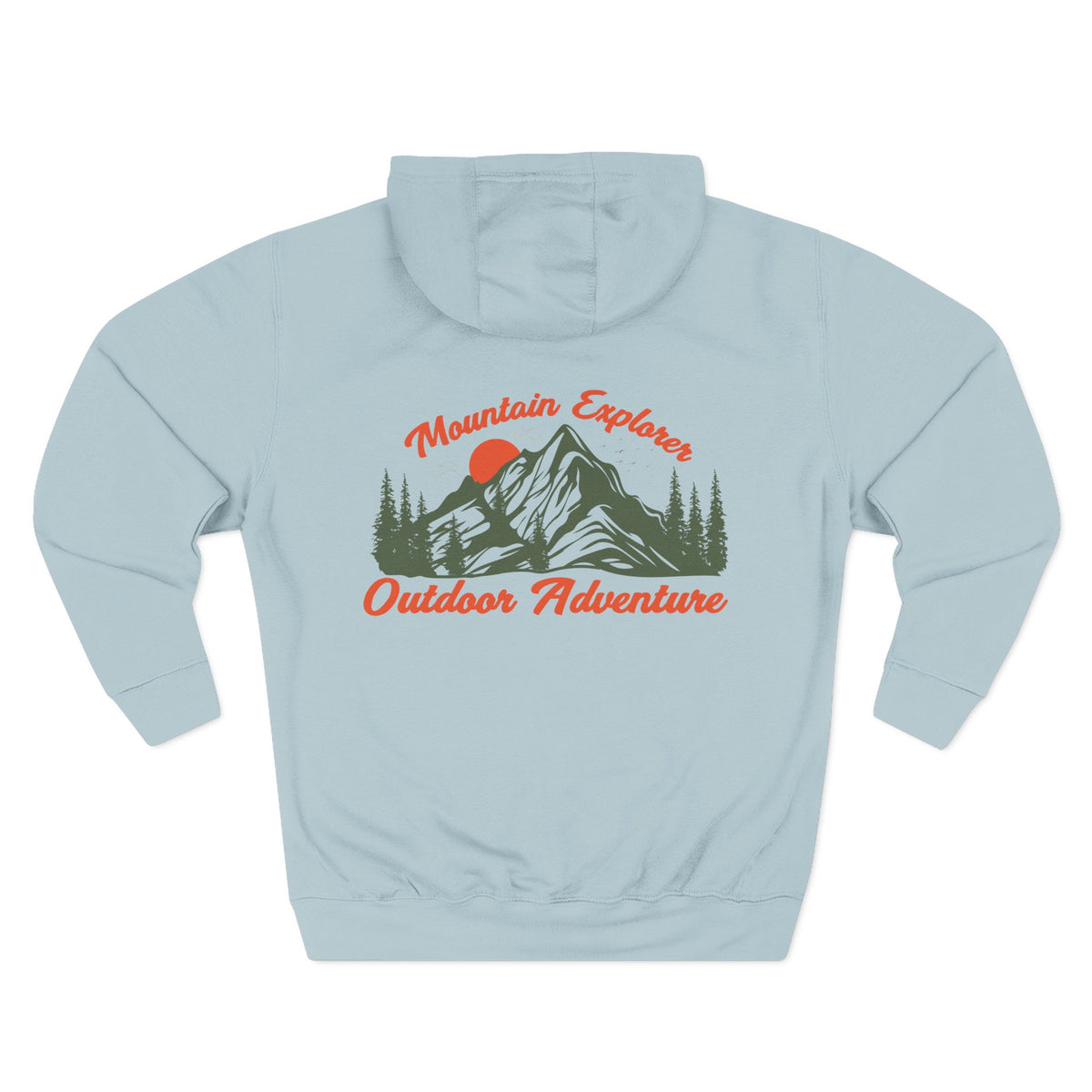 Back view of a light blue personalizable hoodie printed with "Mountain Explorer – Outdoor Adventure" and embroidered with "Christiano". Special gift for him,dad,granddad,boyfriend.