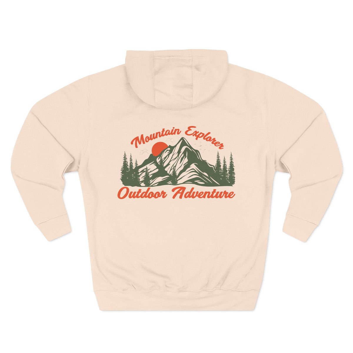 Back view of a pale pink personalizable hoodie printed with "Mountain Explorer – Outdoor Adventure" and embroidered with "Christiano". Special gift for him,dad,granddad,boyfriend.
