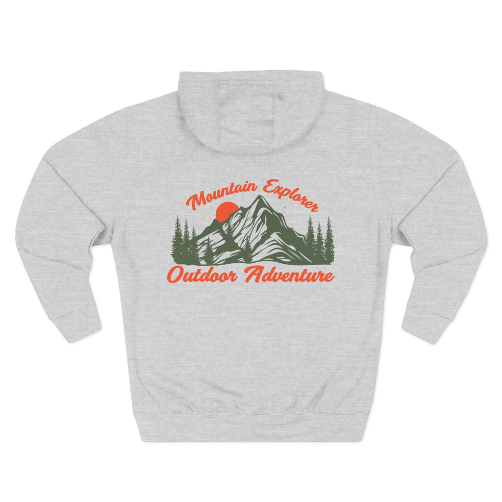 Back view of a light grey personalizable hoodie printed with "Mountain Explorer – Outdoor Adventure" and embroidered with "Christiano". Special gift for him,dad,granddad,boyfriend.