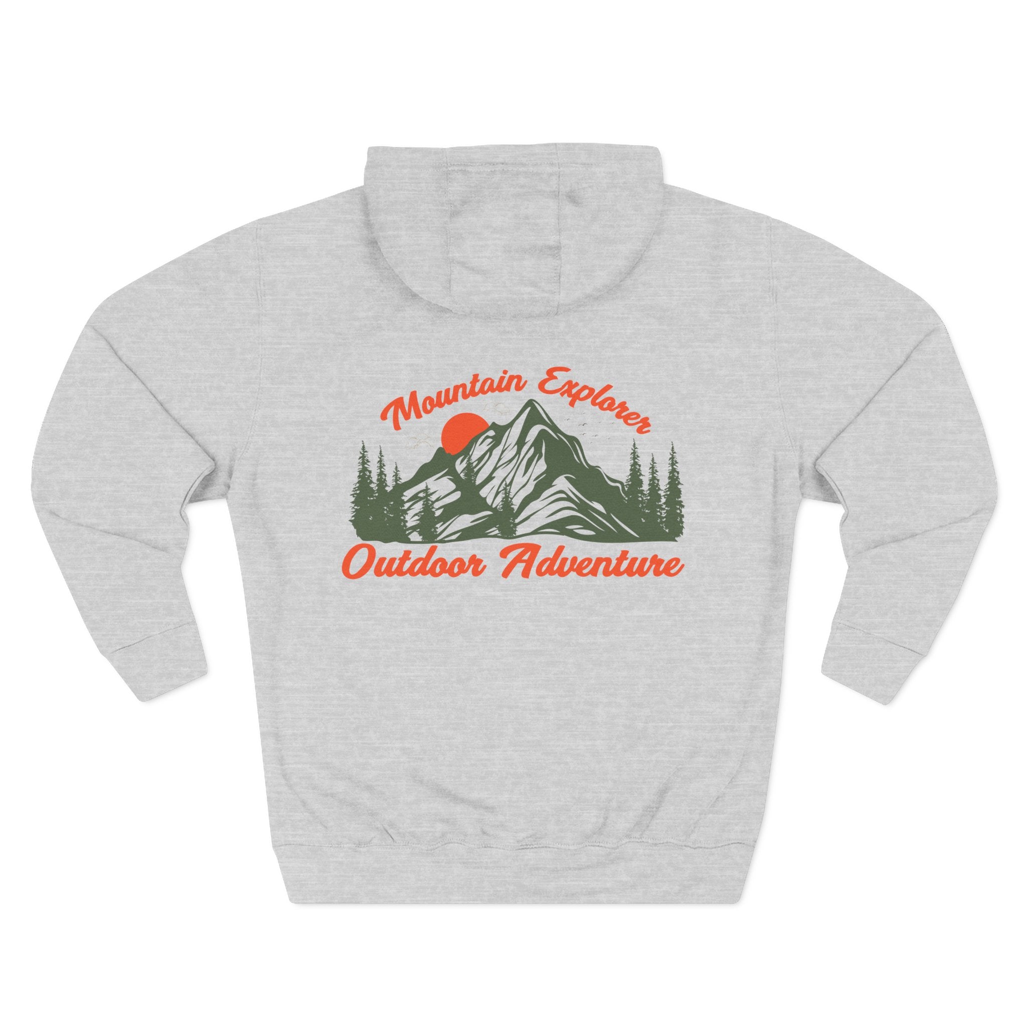 Back view of a light grey personalizable hoodie printed with "Mountain Explorer – Outdoor Adventure" and embroidered with "Christiano". Special gift for him,dad,granddad,boyfriend.