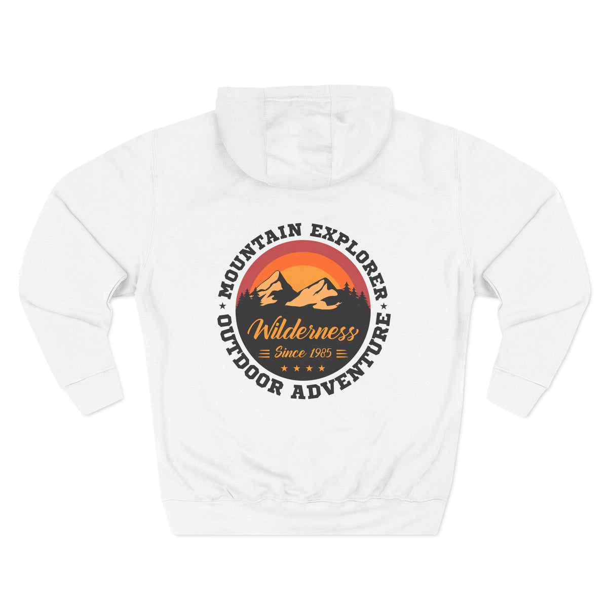 Back view of a white personalized hoodie printed with "Mountain Explorer – Wilderness" and embroidered with "Harrison". Special gift him, dad, granddad, boyfriend.