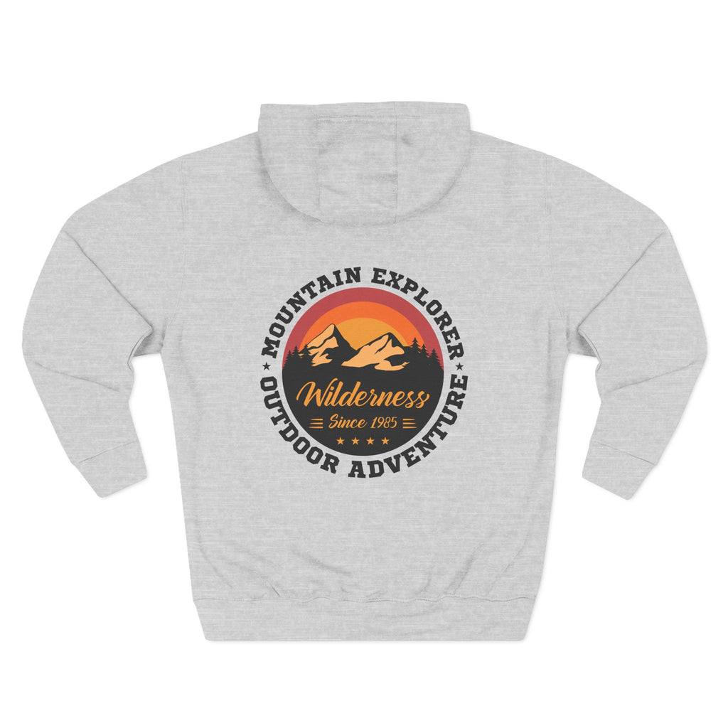Back view of a light grey personalized hoodie printed with "Mountain Explorer – Wilderness" and embroidered with "Harrison". Special gift him, dad, granddad, boyfriend.
