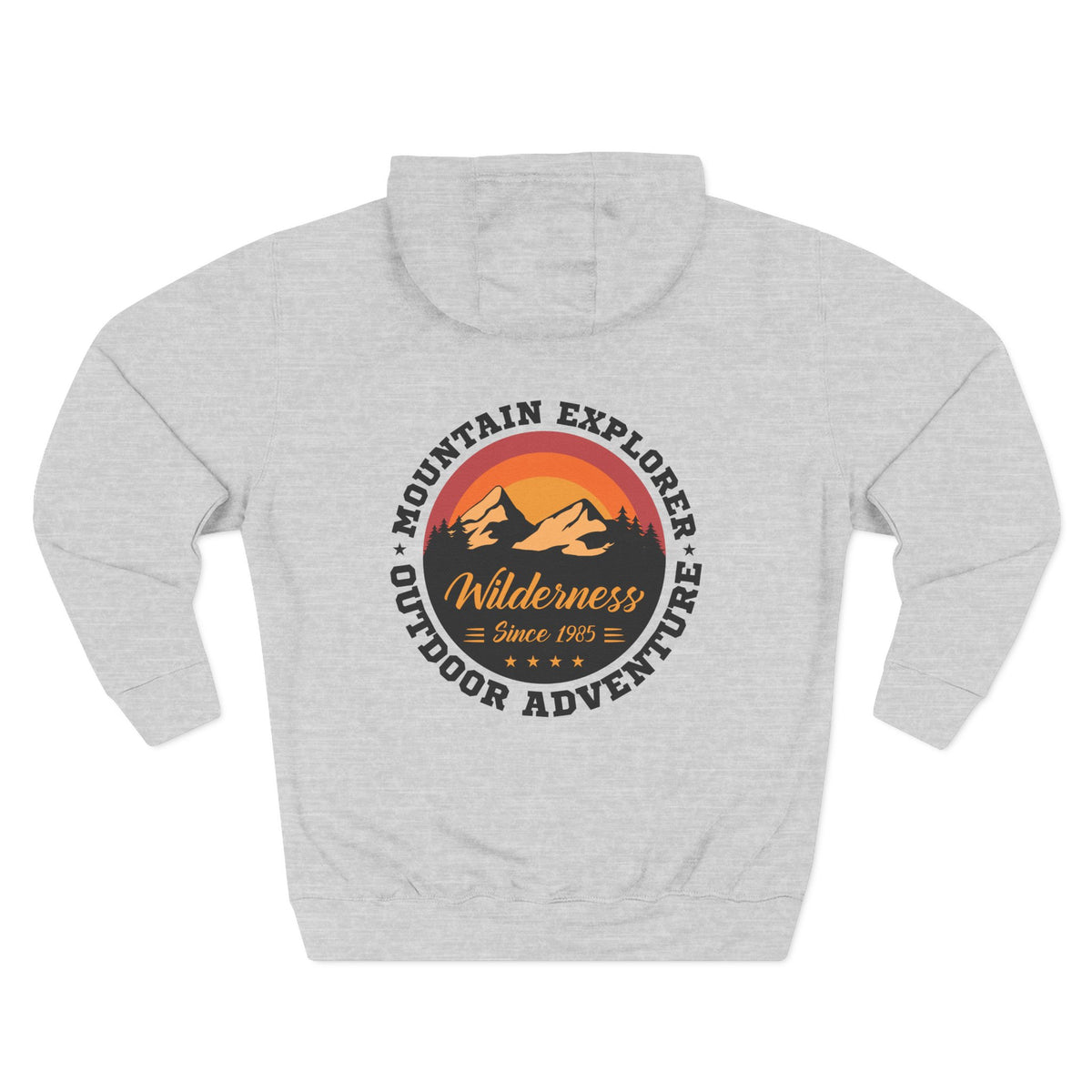 Back view of a light grey personalized hoodie printed with "Mountain Explorer – Wilderness" and embroidered with "Harrison". Special gift him, dad, granddad, boyfriend.