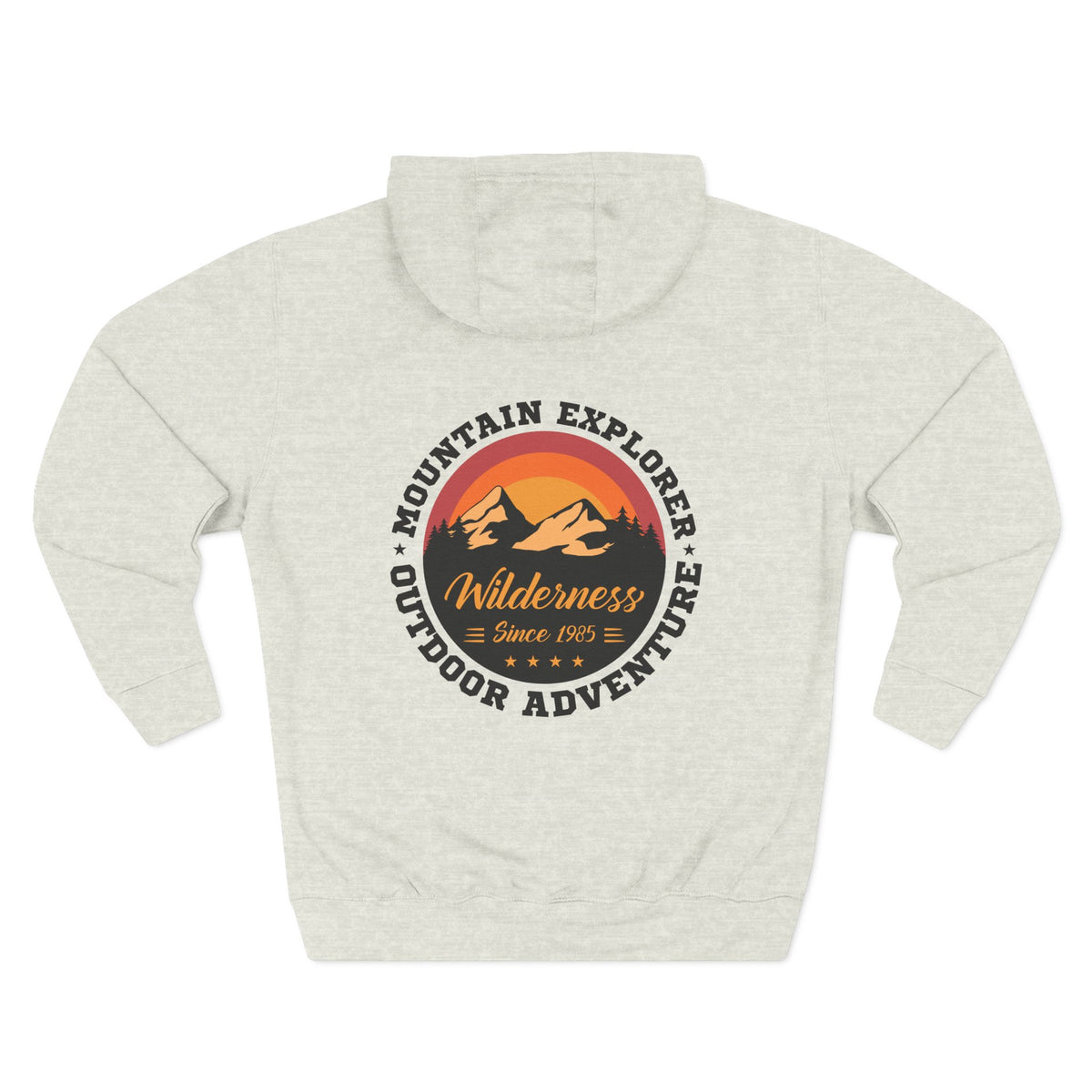 Back view of a oatmeal heather personalized hoodie printed with "Mountain Explorer – Wilderness" and embroidered with "Harrison". Special gift him, dad, granddad, boyfriend.