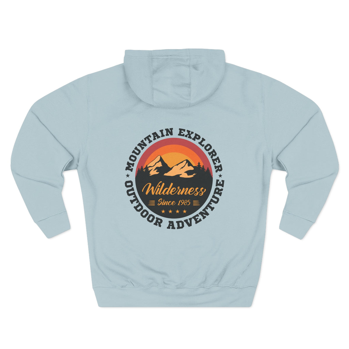 Back view of a light blue personalized hoodie printed with "Mountain Explorer – Wilderness" and embroidered with "Harrison". Special gift him, dad, granddad, boyfriend.