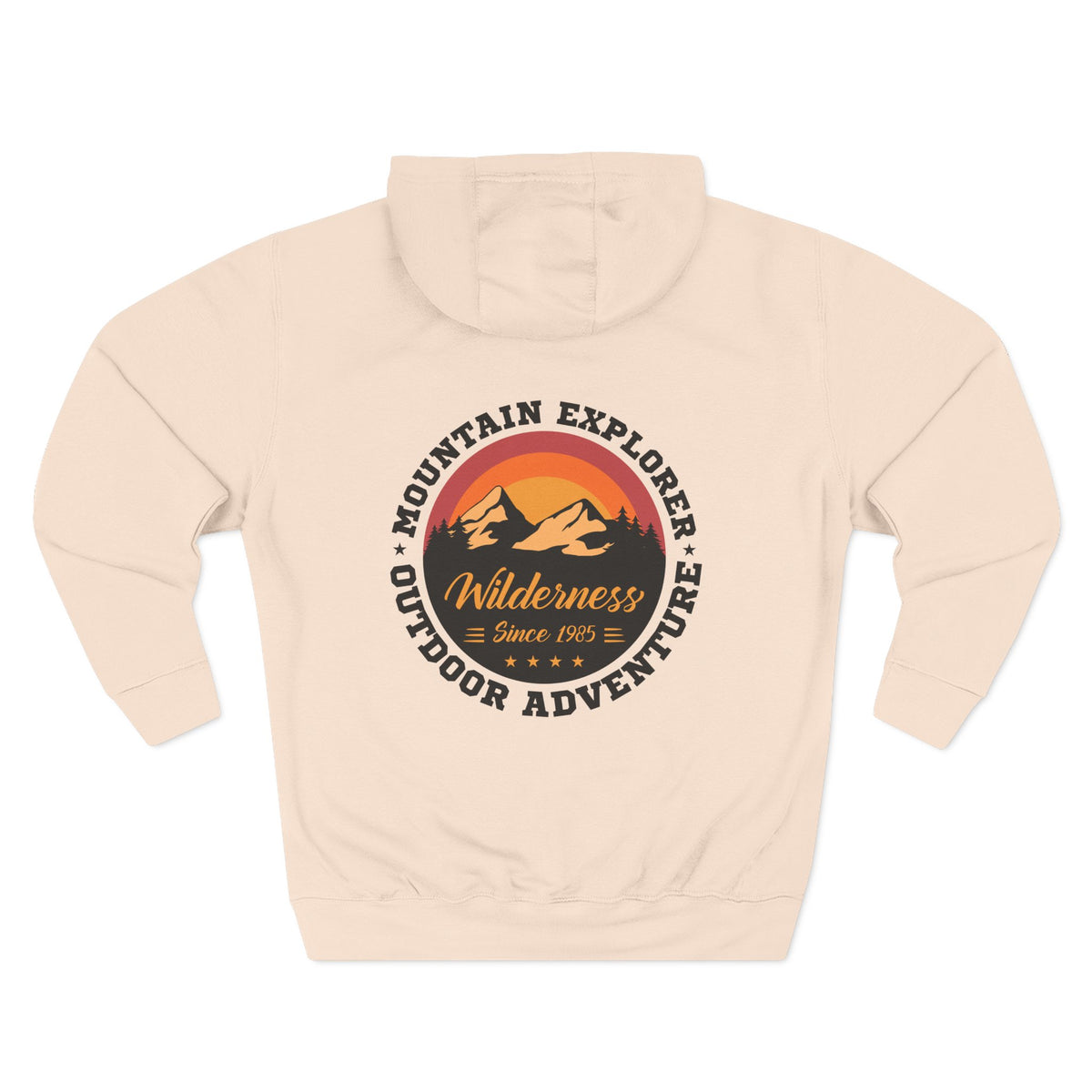 Back view of a pale pink personalized hoodie printed with "Mountain Explorer – Wilderness" and embroidered with "Harrison". Special gift him, dad, granddad, boyfriend.