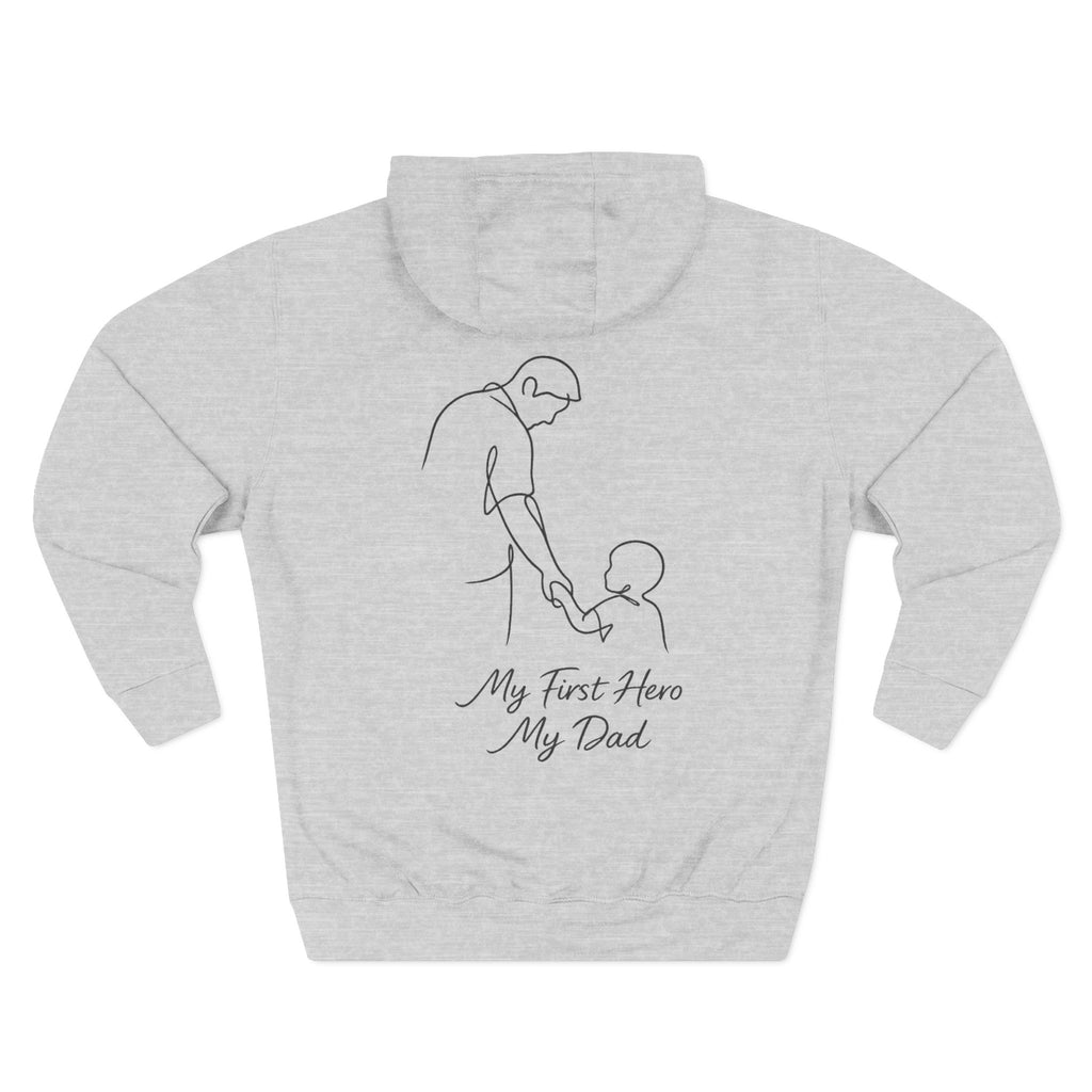 Back view of a light grey personalized hoodie printed with "My First Hero, My Dad" and embroidered with "Caleb".Name is customizable. Special gift for him.