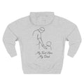 Back view of a light grey personalized hoodie printed with "My First Hero, My Dad" and embroidered with "Caleb".Name is customizable. Special gift for him.