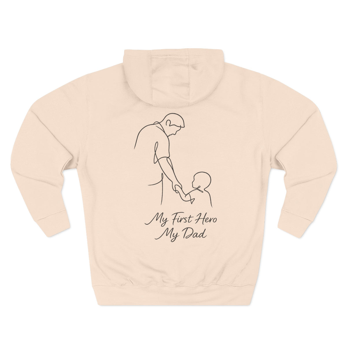 Back view of a pale pink personalized (name) hoodie printed with "My First Hero, My Dad" and embroidered with "Caleb".Name is customizable. Special gift for him.