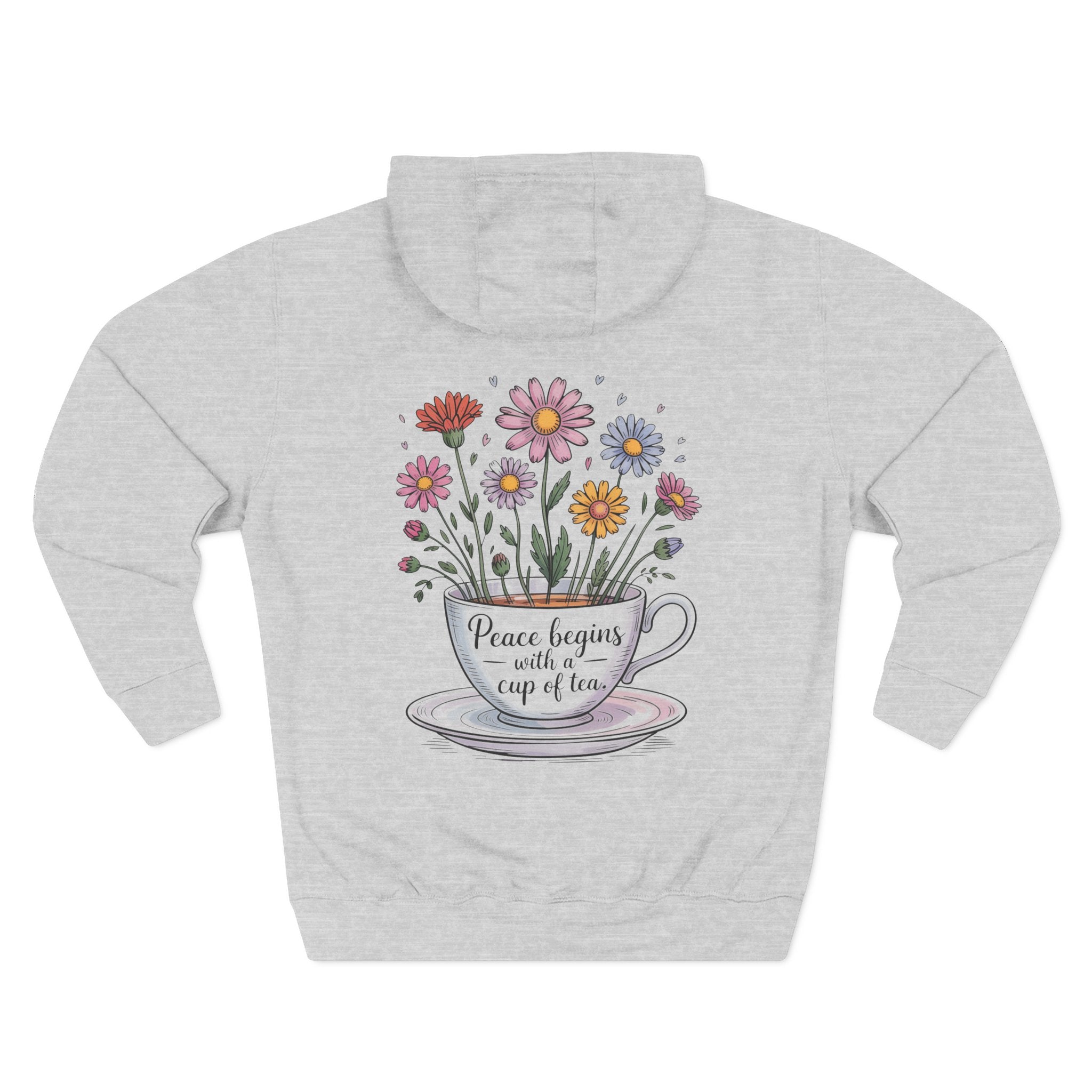 Back view of the personalized hoodie printed with "Peace Begins with a Cup of Tea" and embroidered name