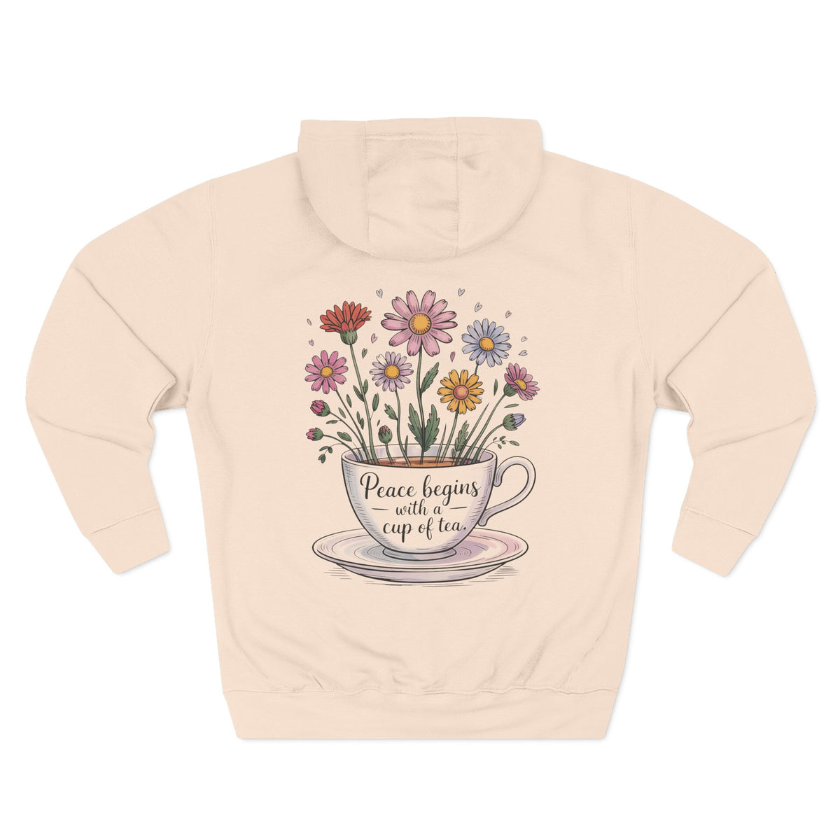 Back view of the personalized hoodie printed with "Peace Begins with a Cup of Tea" and embroidered name pale pink