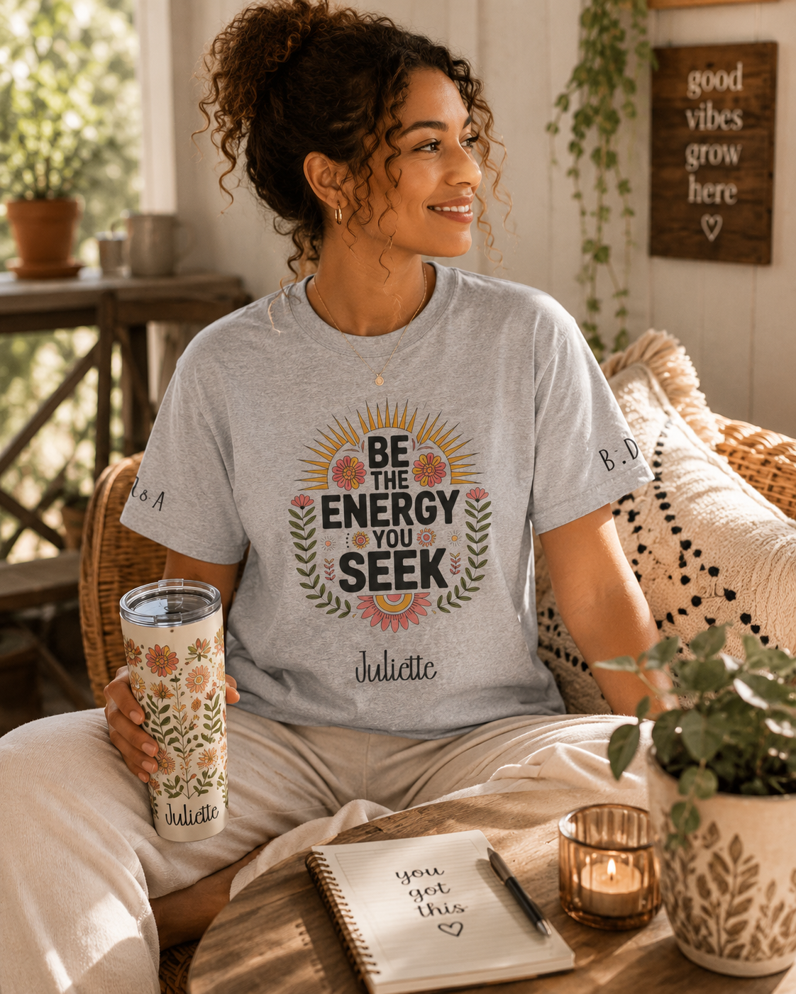 Be The Energy t-shirt shown in a lifestyle setting